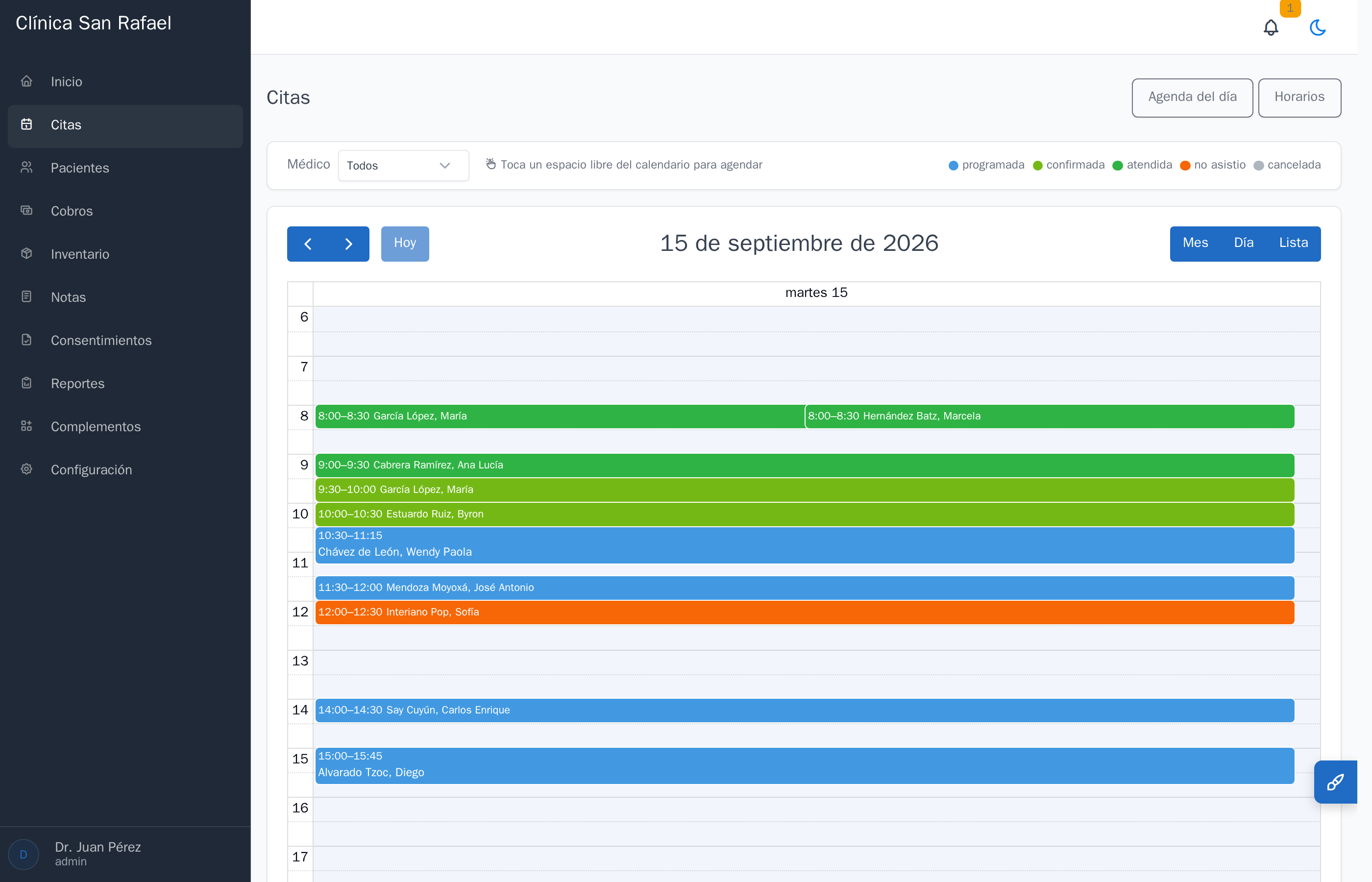 Agenda del día en ClinicasGT, con las citas de cada médico por hora